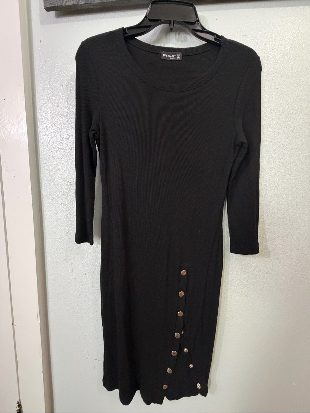 Popular Basics Black Long Sleeve Knit Dress with Side Button Detail